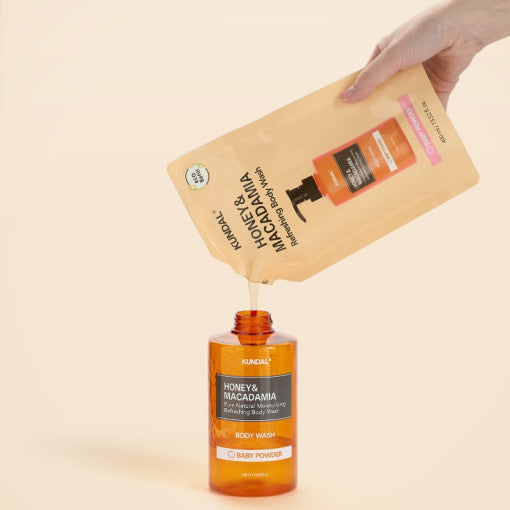 ProtoClinical k-beauty KUNDAL HONEY & MACADAMIA Refreshing Body Wash (Refill) 400ml #CHERRY BLOSSOM single upright refill package centered on a light background.