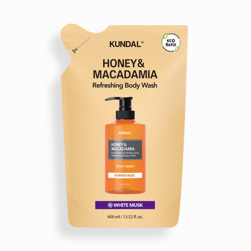 ProtoClinical k-beauty KUNDAL HONEY & MACADAMIA Refreshing Body Wash (Refill) 400ml #WHITE MUSK single upright refill package centered on a light background.