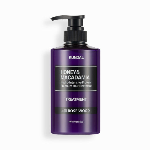 ProtoClinical k-beauty KUNDAL HONEY & MACADAΜΙΑ Hydro-Intensive Protein Premium Hair Treatment 500ml #ROSE WOOD single dark mauve treatment bottle centered on a pale lilac background