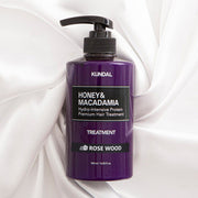ProtoClinical k-beauty KUNDAL HONEY & MACADAΜΙΑ Hydro-Intensive Protein Premium Hair Treatment 500ml #ROSE WOOD olive-centered beauty graphic with soft lavender and cream tones on a light background.
