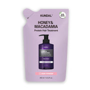 ProtoClinical k-beauty KUNDAL HONEY & MACADAΜΙΑ Protein Hair Treatment (Refill) 400ml #BARY POWDER dark plum beauty bottle silhouette centered on a pale lilac background.