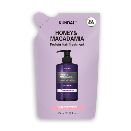 ProtoClinical k-beauty KUNDAL HONEY & MACADAΜΙΑ Protein Hair Treatment (Refill) 400ml #BARY POWDER dark plum beauty bottle silhouette centered on a pale lilac background.