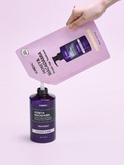 ProtoClinical k-beauty KUNDAL HONEY & MACADAΜΙΑ Protein Hair Treatment (Refill) 400ml #BARY POWDER lavender beauty graphic with a darker horizontal band on a pale pink background.