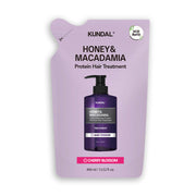 ProtoClinical k-beauty KUNDAL HONEY & MACADAΜΙΑ Protein Hair Treatment (Refill) 400ml #CHERRY BLOSSOM dark mauve beauty bottle silhouette centered on a pale pink background.
