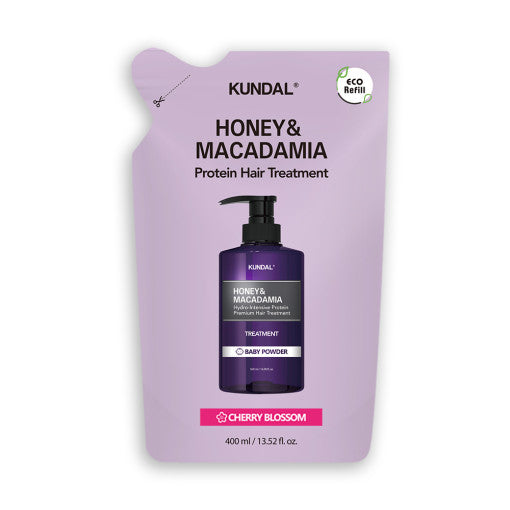 ProtoClinical k-beauty KUNDAL HONEY & MACADAΜΙΑ Protein Hair Treatment (Refill) 400ml #CHERRY BLOSSOM dark mauve beauty bottle silhouette centered on a pale pink background.