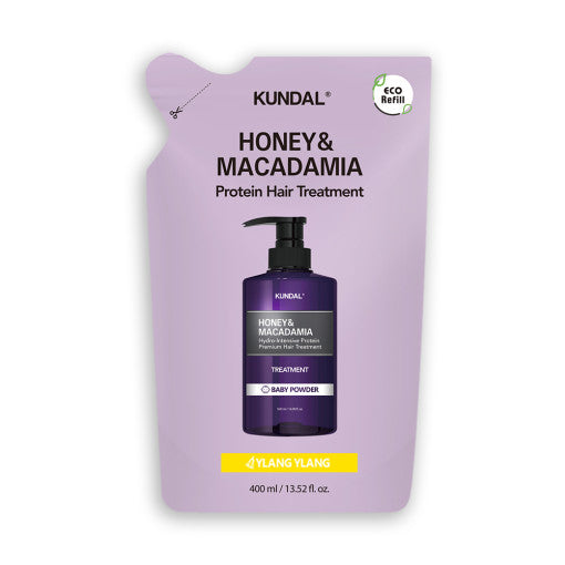 ProtoClinical k-beauty KUNDAL HONEY & MACADAΜΙΑ Protein Hair Treatment (Refill) 400ml #YLANG YLANG dark plum beauty bottle silhouette centered on a pale lilac background.