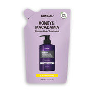 ProtoClinical k-beauty KUNDAL HONEY & MACADAΜΙΑ Protein Hair Treatment (Refill) 400ml #YLANG YLANG dark plum beauty bottle silhouette centered on a pale lilac background.