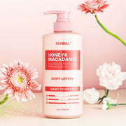 ProtoClinical k-beauty KUNDAL HONEY & MACADAΜΙΑ PURE BODY LOTION 500ml (9-type) coral beauty bottle silhouette centered on a soft white background.