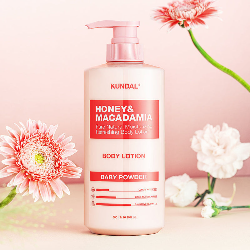 ProtoClinical k-beauty KUNDAL HONEY & MACADAΜΙΑ PURE BODY LOTION 500ml (9-type) coral beauty bottle silhouette centered on a soft white background.