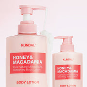 ProtoClinical k-beauty KUNDAL HONEY & MACADAΜΙΑ PURE BODY LOTION 500ml (9-type) three peach beauty silhouettes on a pale pink and blue background.