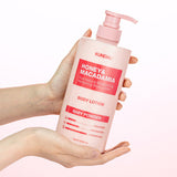 ProtoClinical k-beauty KUNDAL HONEY & MACADAΜΙΑ PURE BODY LOTION 500ml (9-type) coral beauty bottle silhouette with pale aqua side accents on a light background.
