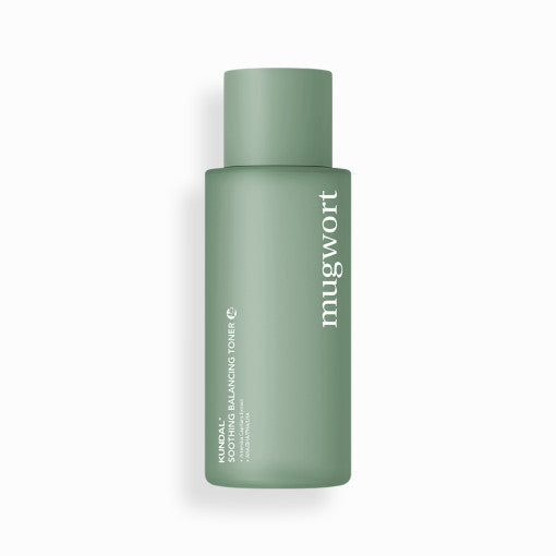 ProtoClinical k-beauty KUNDAL Mugwort Soothing Balancing Toner 200ml deep plum beauty bottle silhouette on a pale lilac background.