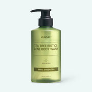 ProtoClinical k-beauty KUNDAL Tee Tree Bioticts Acne Body Wash 500ml #Apple Green Tea single centered green body wash bottle on a light blue and white background.