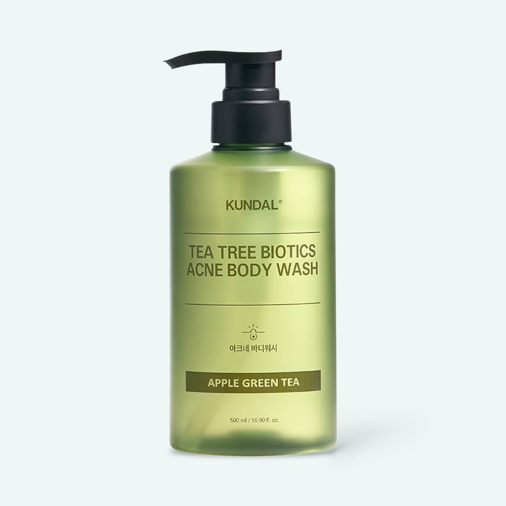 ProtoClinical k-beauty KUNDAL Tee Tree Bioticts Acne Body Wash 500ml #Apple Green Tea single centered green body wash bottle on a light blue and white background.