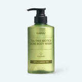 ProtoClinical k-beauty KUNDAL Tee Tree Bioticts Acne Body Wash 500ml #Apple Green Tea single centered green body wash bottle on a light blue and white background.
