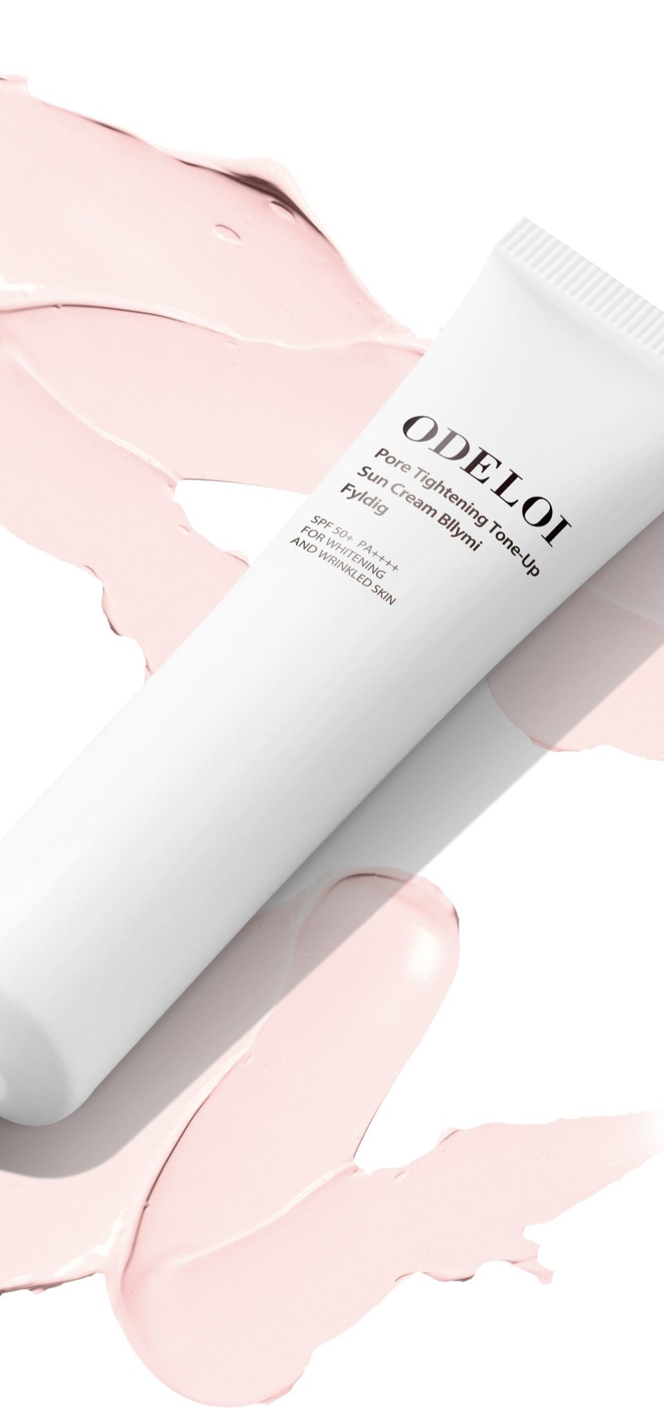 ProtoClinical k-beauty vertical cream beauty graphic with a taupe center, soft pink tones, and pale mint side accents.