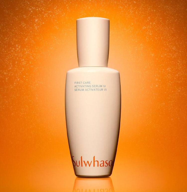 ProtoClinical k-beauty Sulwhasoo First Care Activating Serum VI 60ml campaign image with warm beige and copper tones on a light background.