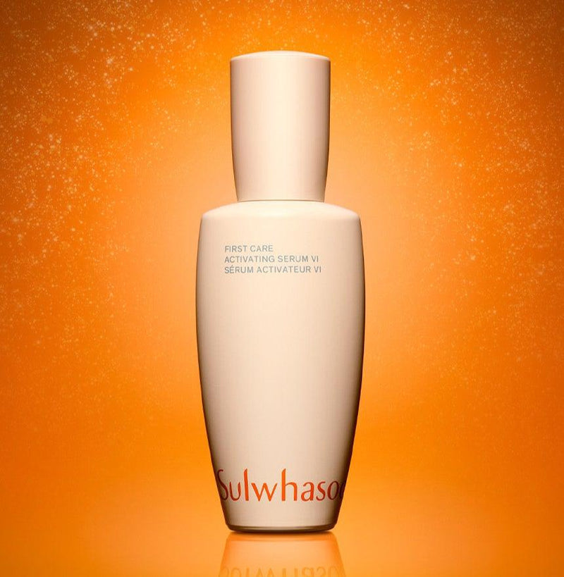 ProtoClinical k-beauty Sulwhasoo First Care Activating Serum VI 60ml campaign image with warm beige and copper tones on a light background.