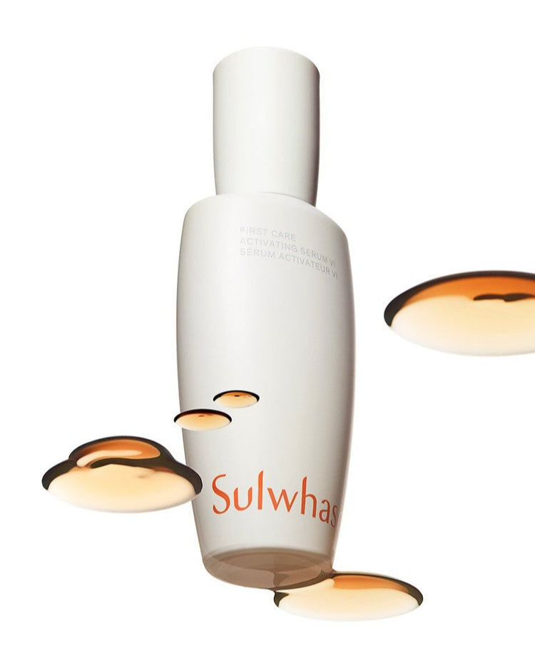 ProtoClinical k-beauty Sulwhasoo First Care Activating Serum VI 60ml campaign image with warm beige and copper tones.