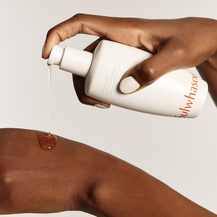 ProtoClinical k-beauty Sulwhasoo First Care Activating Serum VI 60ml campaign image with a hand model and warm beige tones.