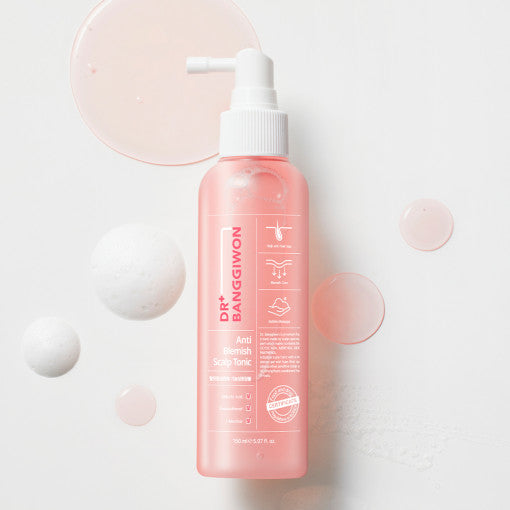 ProtoClinical k-beauty Dr.BANGGIWON Anti Blemish Scalp Tonic 150ml single upright pink scalp tonic bottle centered on a soft blue and white background.
