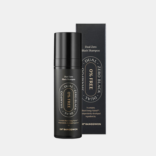 ProtoClinical k-beauty Dr.BANGGIWON Dual Zero Black Shampoo 200ml single dark shampoo bottle centered on a soft white background.