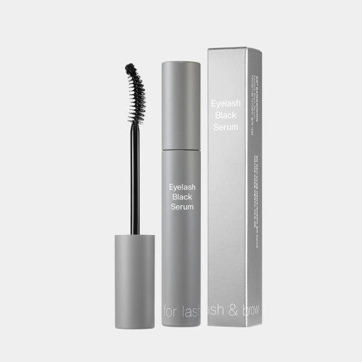 ProtoClinical k-beauty DR.BANGGIWON EYELASH BLACK SERUM 11ml single upright black serum tube centered on a white background with pale aqua side accents