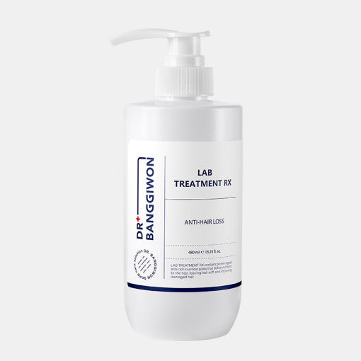 ProtoClinical k-beauty Dr.BANGGIWON LAB TREATMENT RX 480ml white pump bottle with cream spill on a vivid blue background and white pedestal