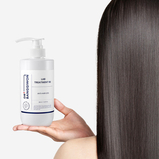 ProtoClinical k-beauty Dr.BANGGIWON LAB TREATMENT RX 480ml white pump bottle with cream spill on a vivid blue background and white pedestal