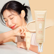 ProtoClinical k-beauty Dr.BANGGIWON Personal Tone Up Sun Cream #02 Beige 50ml SPF50+ PA++++ close-up model portrait with dark hair on a warm beige background