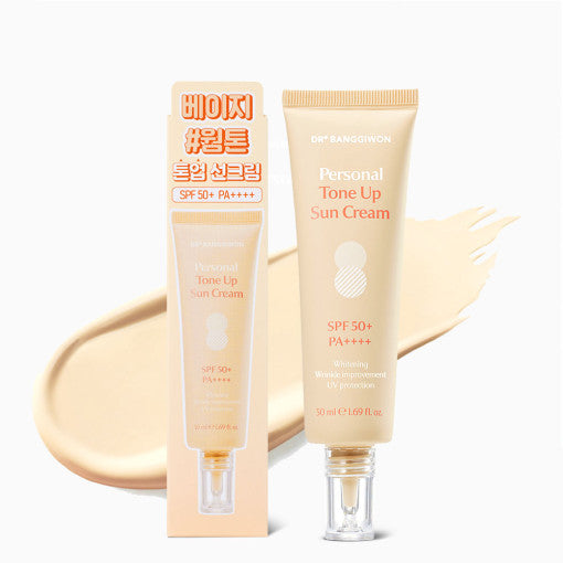 ProtoClinical k-beauty DR.BANGGIWON Personal Tone Up Sun Cream #02 Beige 50ml SPF50+ PA++++ single beige sun cream package centered on a pale blue and white background.