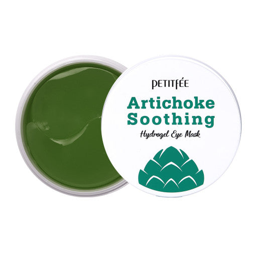 ProtoClinical k-beauty PETITFEE Artichoke Soothing Hydrogel Eye Mask 80g (60 Patches) two green eye mask packages side by side on a light background