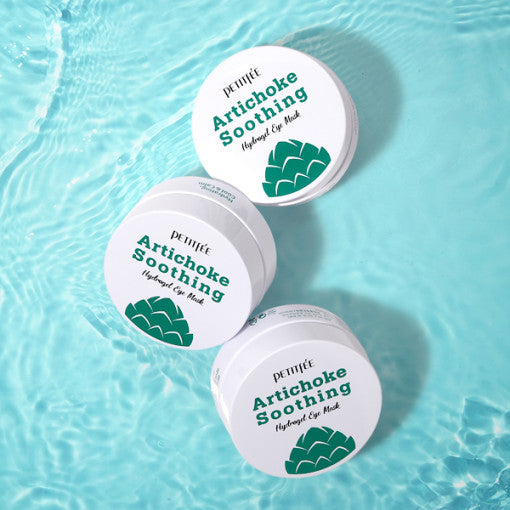 ProtoClinical k-beauty PETITFEE Artichoke Soothing Hydrogel Eye Mask 80g (60 Patches) single upright eye mask package centered on a bright aqua background with a pale vertical center band
