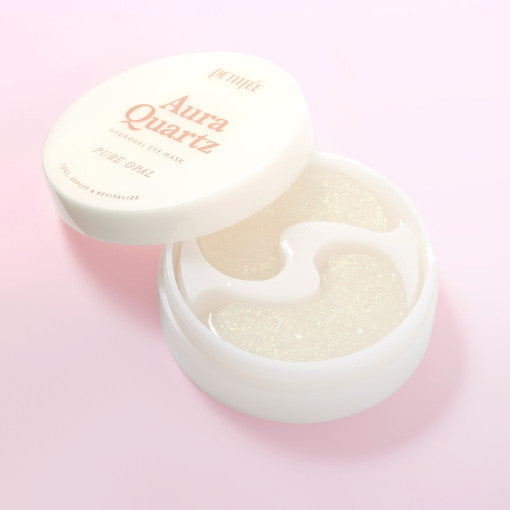 ProtoClinical k-beauty PETITFEE Aura Quartz Eye Mask Pure Opal 80g (40 Patches) single centered eye mask package with a pale yellow middle and soft pink side panels on a light background