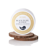 ProtoClinical k-beauty PETITFEE Black Pearl & Gold Hydrogel Eye Patch (1.4g X 60 Patches) open beige round jar above a dark brown lid on a white background