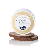 ProtoClinical k-beauty PETITFEE Black Pearl & Gold Hydrogel Eye Patch (1.4g X 60 Patches) open beige round jar above a dark brown lid on a white background