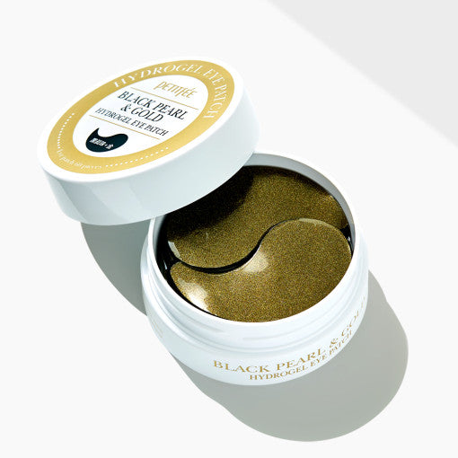 ProtoClinical k-beauty PETITFEE Black Pearl & Gold Hydrogel Eye Patch (1.4g X 60 Patches) two dark olive crescent eye patches mirrored at the center on a white background
