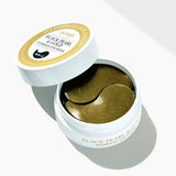 ProtoClinical k-beauty PETITFEE Black Pearl & Gold Hydrogel Eye Patch (1.4g X 60 Patches) two dark olive crescent eye patches mirrored at the center on a white background