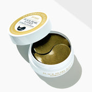 ProtoClinical k-beauty PETITFEE Black Pearl & Gold Hydrogel Eye Patch (1.4g X 60 Patches) two dark olive crescent eye patches mirrored at the center on a white background