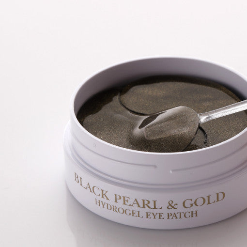ProtoClinical k-beauty PETITFEE Black Pearl & Gold Hydrogel Eye Patch (1.4g X 60 Patches) single dark round eye patch jar centered on a white background with a pale beige lid