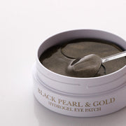 ProtoClinical k-beauty PETITFEE Black Pearl & Gold Hydrogel Eye Patch (1.4g X 60 Patches) single dark round eye patch jar centered on a white background with a pale beige lid