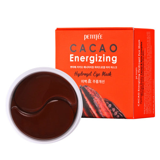 ProtoClinical k-beauty PETITFEE Cacao Energizing Hydrogel Eye Mask 80g (60 Patches) two warm red packages side by side on a pale aqua background with a dark brown lower-left block