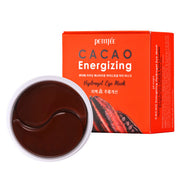 ProtoClinical k-beauty PETITFEE Cacao Energizing Hydrogel Eye Mask 80g (60 Patches) two warm red packages side by side on a pale aqua background with a dark brown lower-left block