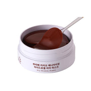 ProtoClinical k-beauty PETITFEE Cacao Energizing Hydrogel Eye Mask 80g (60 Patches) open deep plum round jar above a pale lid on a white background
