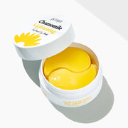 ProtoClinical k-beauty PETITFEE Chamomile Lightening Hydrogel Eye Mask 80g (60 Patches) two bright yellow crescent eye patches mirrored at the center on a pale blue background
