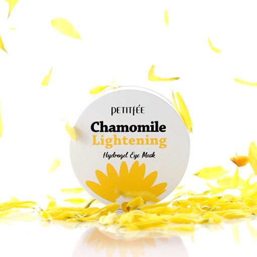 ProtoClinical k-beauty PETITFEE Chamomile Lightening Hydrogel Eye Mask 80g (60 Patches) single warm yellow eye mask package centered on a light background with pale blue and cream bands