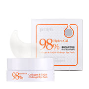 ProtoClinical k-beauty PETITFEE Collagen & CoQ10 Hydrogel Eye Patch (1.4g X 60 Patches) open pale beige round jar above a darker beige lid on a white background