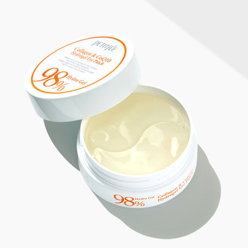 ProtoClinical k-beauty PETITFEE Collagen & CoQ10 Hydrogel Eye Patch (1.4g X 60 Patches) two olive brown crescent eye patches mirrored at the center on a white background