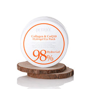 ProtoClinical k-beauty PETITFEE Collagen & CoQ10 Hydrogel Eye Patch (1.4g X 60 Patches) open pale beige round jar above a warm brown lid on a white background