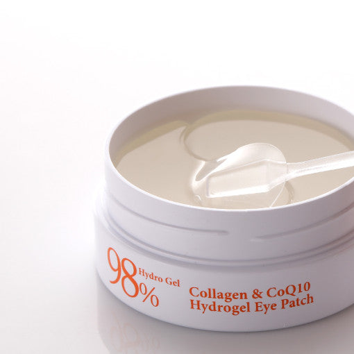 ProtoClinical k-beauty PETITFEE Collagen & CoQ10 Hydrogel Eye Patch (1.4g X 60 Patches) single dark olive round eye patch jar centered on a white background with soft pink side shading